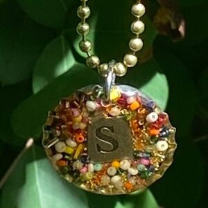 Bottle cap necklace with initial S 18.5” long gold chain